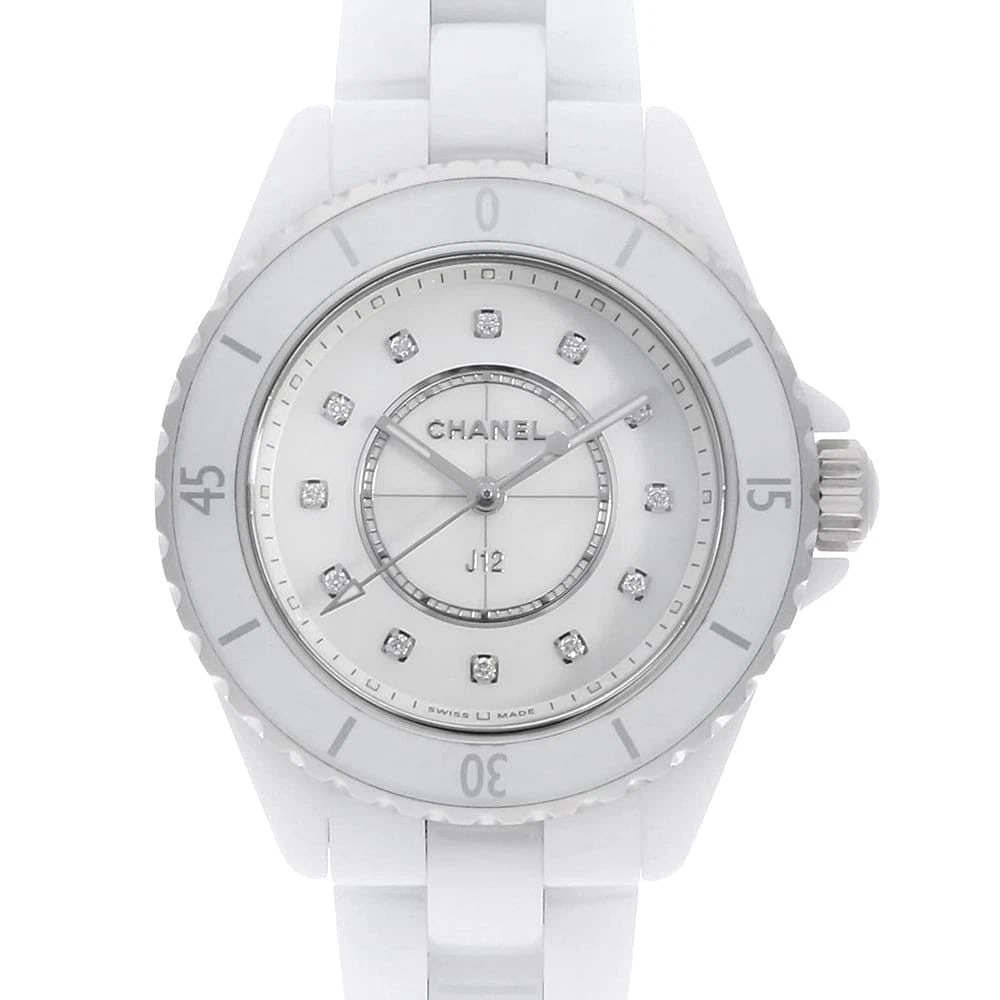 CHANEL J12 WHITE CERAMIC DIAMOND WATCH: CHANEL J12 White Ceramic Diamond Watch Brand: CHANEL Type: Wrist watch Material: Band Material Ceramic, Case Material Ceramic Color: Dial Color White Size: Band Size 17.5cm (6.9inch), Case Size Ca