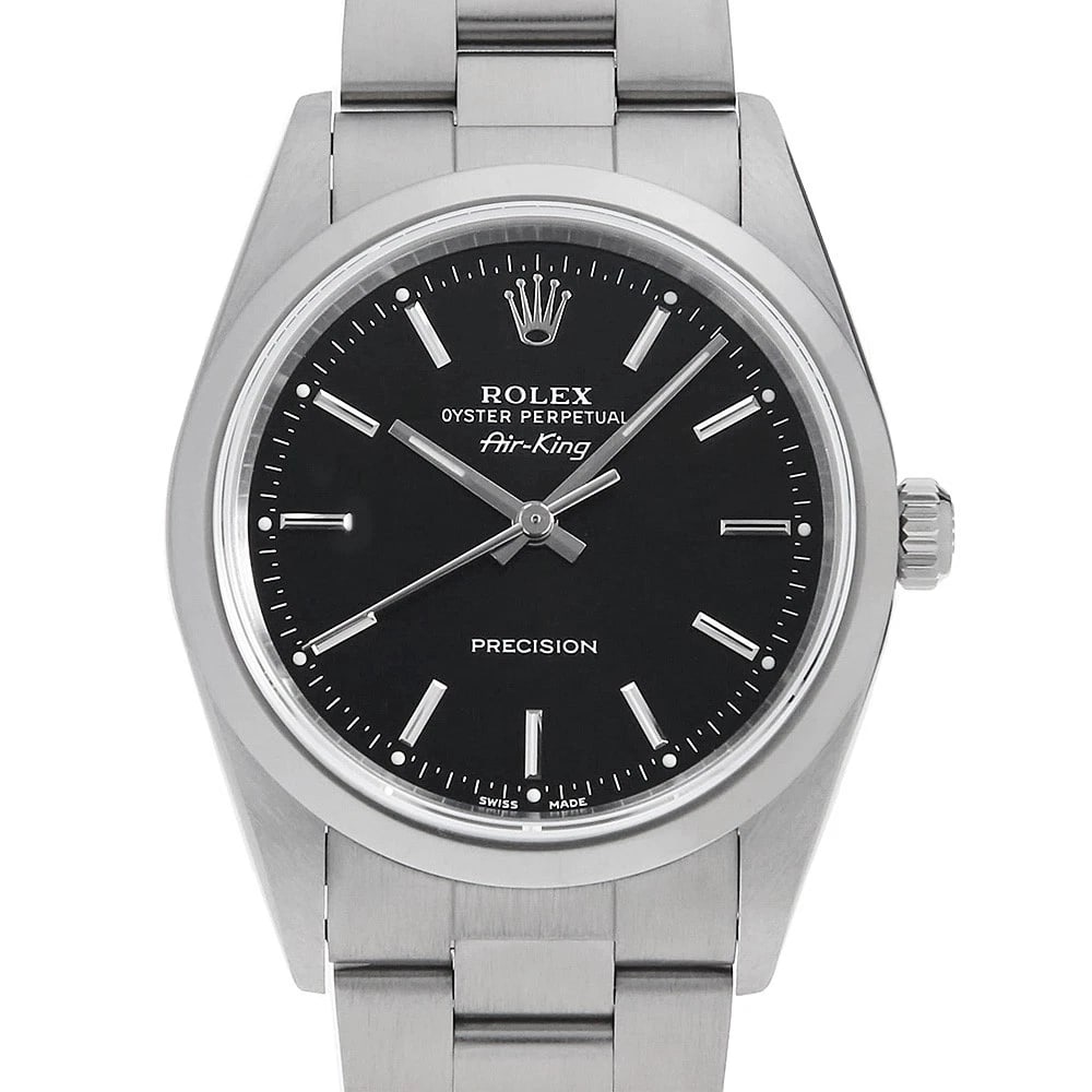 ROLEX AIR KING BLACK WATCH: ROLEX Air king black Watch Brand: ROLEX Type: Wrist watch Material: Band Material Stainless Steel, Case Material Stainless Steel Color: Dial Color Black Size: Band Size 18cm (7.1inch), Case Size C