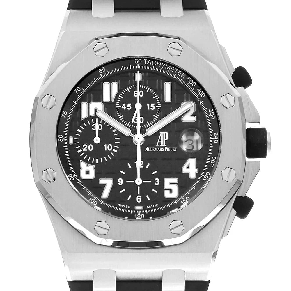 AUDEMARS PIGUET ROYAL OAK OFFSHORE CHRONOGRAPH WATCH: AUDEMARS PIGUET Royal Oak Offshore ChronographWatch Brand: AUDEMARS PIGUET Type: Wrist watch Material: Band Material rubber, Case Material Stainless Steel Color: Dial Color Black Size: Band Size N