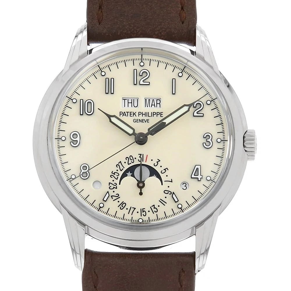 PATEK PHILIPPE PERPETUAL CALENDAR WATCH: PATEK PHILIPPE Perpetual CalendarWatch Brand: PATEK PHILIPPE Type: Wrist watch Material: Band Material Calfskin, Case Material White Gold Color: Dial Color Ivory Size: Band Size none, Case Size Ca