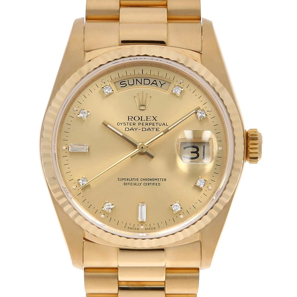 ROLEX DAY DATE DIAMOND BAGUETTE DIAMOND CHAMPAGNE WATCH: ROLEX Day Date Diamond Baguette Diamond ChampagneWatch Brand: ROLEX Type: Wrist watch Material: Band Material Yellow Gold, Case Material Yellow Gold Color: Dial Color Champagne Gold Size: Band Siz