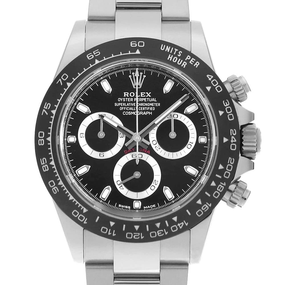 ROLEX COSMOGRAPH DAYTONA BLACK WATCH: ROLEX Cosmograph Daytona black Watch Brand: ROLEX Type: Wrist watch Material: Band Material Stainless Steel, Case Material Stainless Steel Color: Dial Color Black Size: Band Size 19cm
