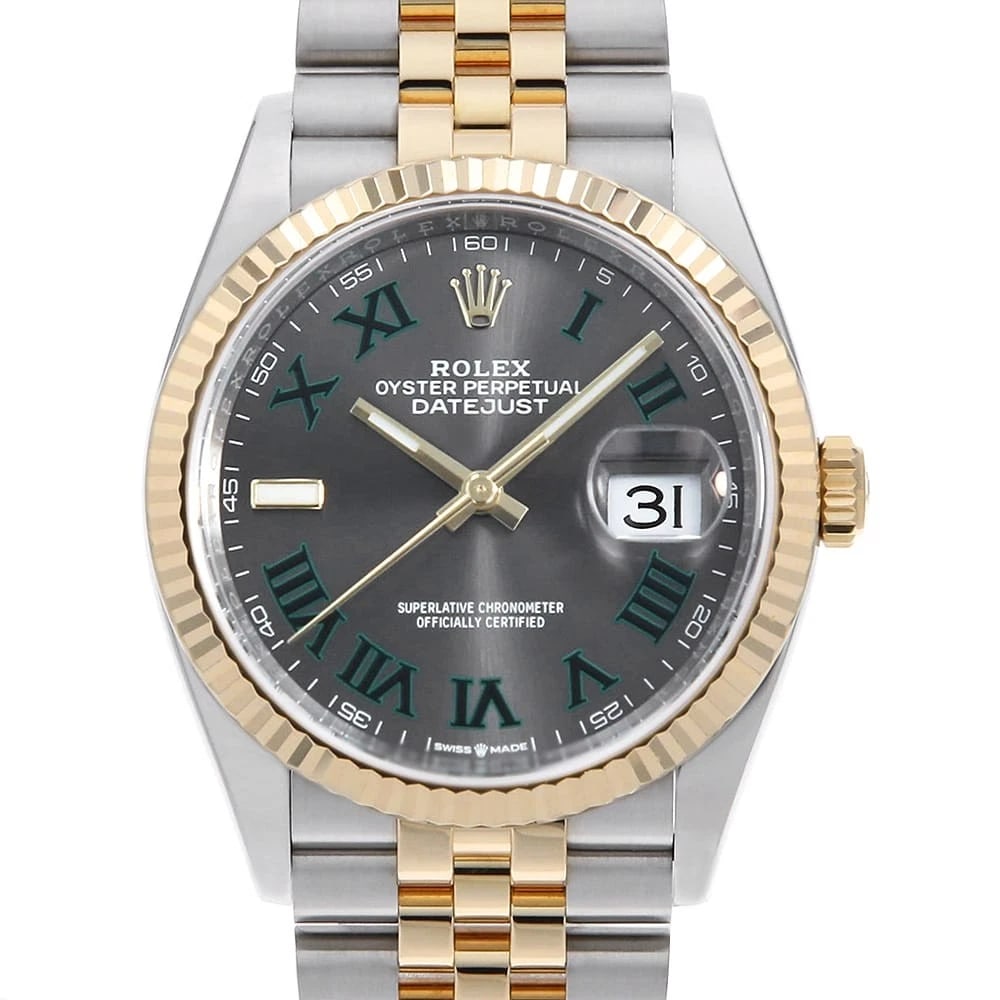 ROLEX DATEJUST SLATE (GREY) GREEN ROMAN JUBILEE BRACELET WATCH: ROLEX DATEJUST slate (Grey) Green Roman Jubilee BraceletWatch Brand: ROLEX Type: Wrist watch Material: Band Material Stainless Steel/Yellow Gold, Case Material Stainless Steel Color: Dial Color