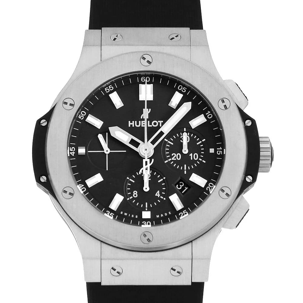 HUBLOT BIG BANG STEEL WATCH: HUBLOT Big bang steel Watch Brand: HUBLOT Type: Wrist watch Material: Band Material rubber, Case Material Stainless Steel Color: Dial Color Black Size: Band Size none, Case Size Case:W44mm 