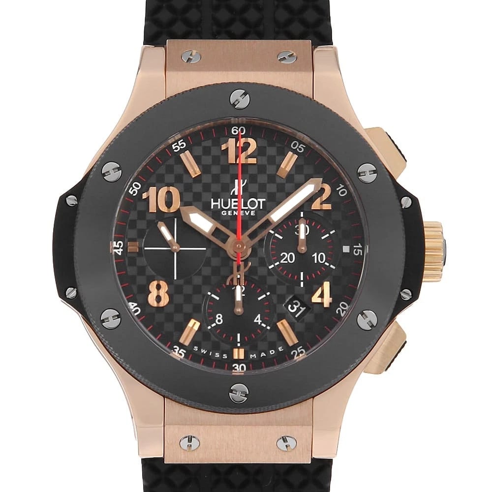 HUBLOT BIG BANG GOLD CERAMIC WATCH: HUBLOT big bang gold ceramic Watch Brand: HUBLOT Type: Wrist watch Material: Band Material rubber, Case Material Red Gold Color: Dial Color Black Size: Band Size none, Case Size Case:W44mm 
