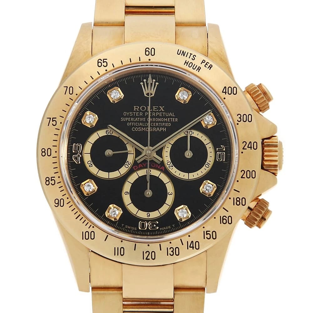 ROLEX COSMOGRAPH DAYTONA DIAMOND BLACK WATCH: ROLEX Cosmograph Daytona diamond black Watch Brand: ROLEX Type: Wrist watch Material: Band Material Yellow Gold, Case Material Yellow Gold Color: Dial Color Black Size: Band Size 19cm (7.5inch), C