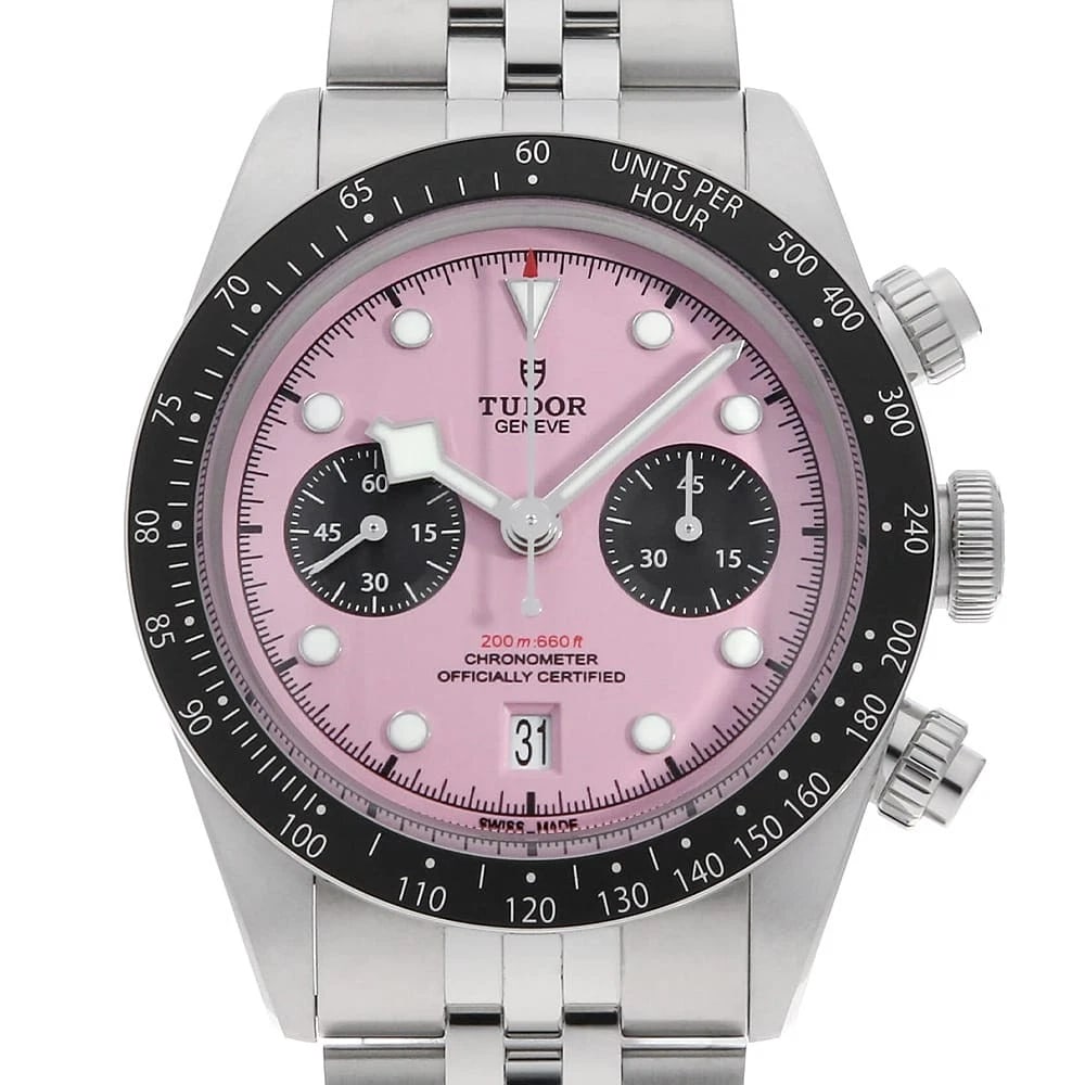 TUDOR BLACK BAY CHRONO WATCH: TUDOR Black Bay Chrono Watch Brand: TUDOR Type: Wrist watch Material: Band Material Stainless Steel, Case Material Stainless Steel Color: Dial Color Pink Size: Band Size 21cm (8.3inch), Case
