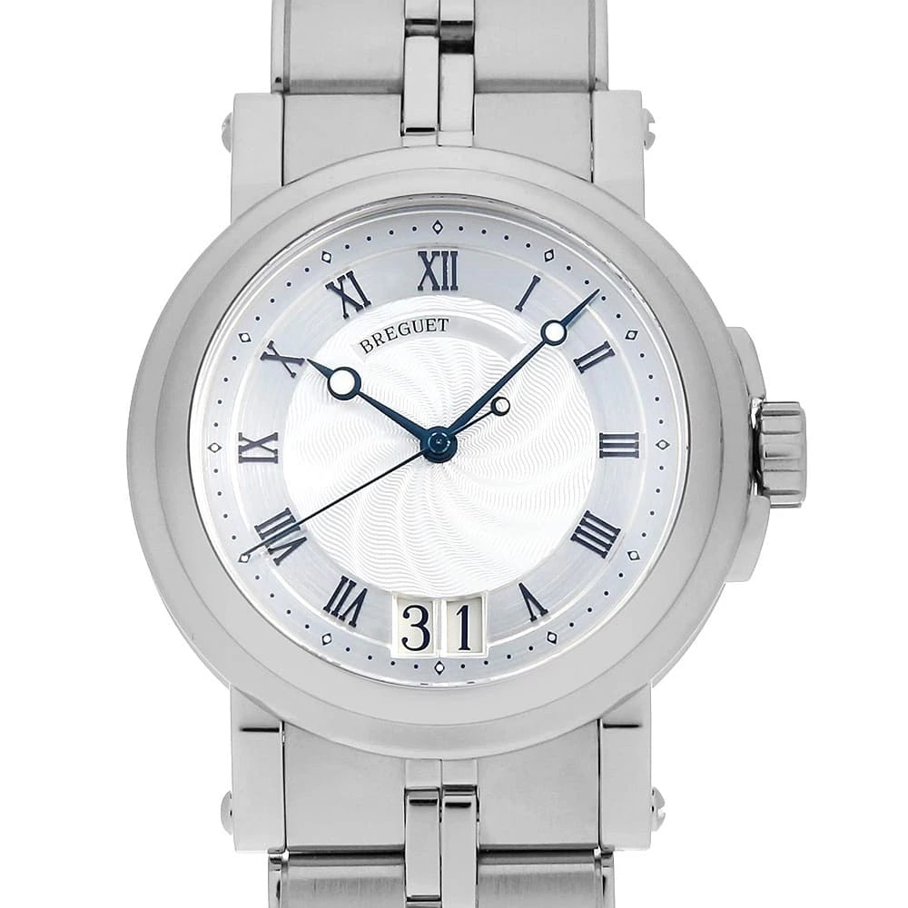 BREGUET MARINE II LARGE DATE WATCH: Breguet Marine II large dateWatch Brand: Breguet Type: Wrist watch Material: Band Material Stainless Steel, Case Material Stainless Steel Color: Dial Color Silver Size: Band Size 19cm (7.5inch), C