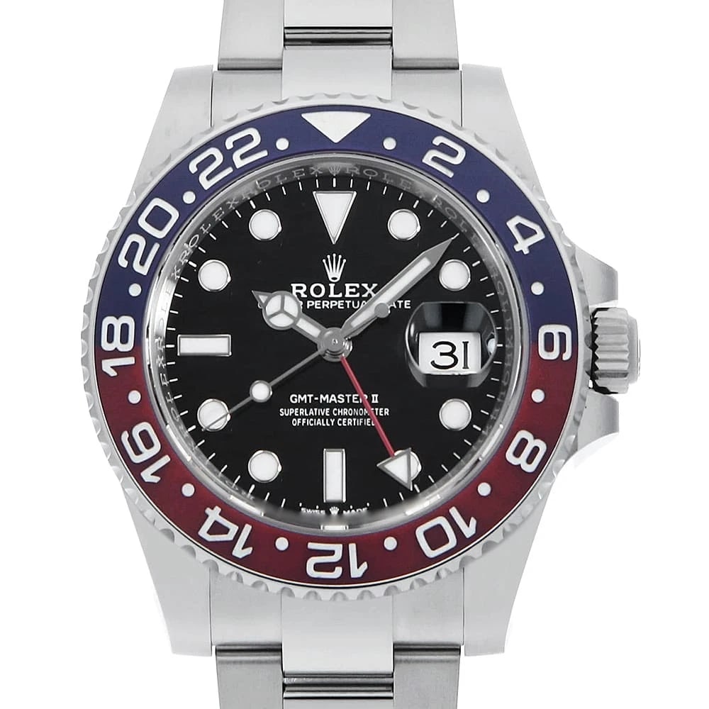 ROLEX GMT MASTER II BLACK ROW OYSTER BRACELET WATCH: ROLEX GMT Master II black row oyster braceletWatch Brand: ROLEX Type: Wrist watch Material: Band Material Stainless Steel, Case Material Stainless Steel Color: Dial Color Black Size: Band Size 19.