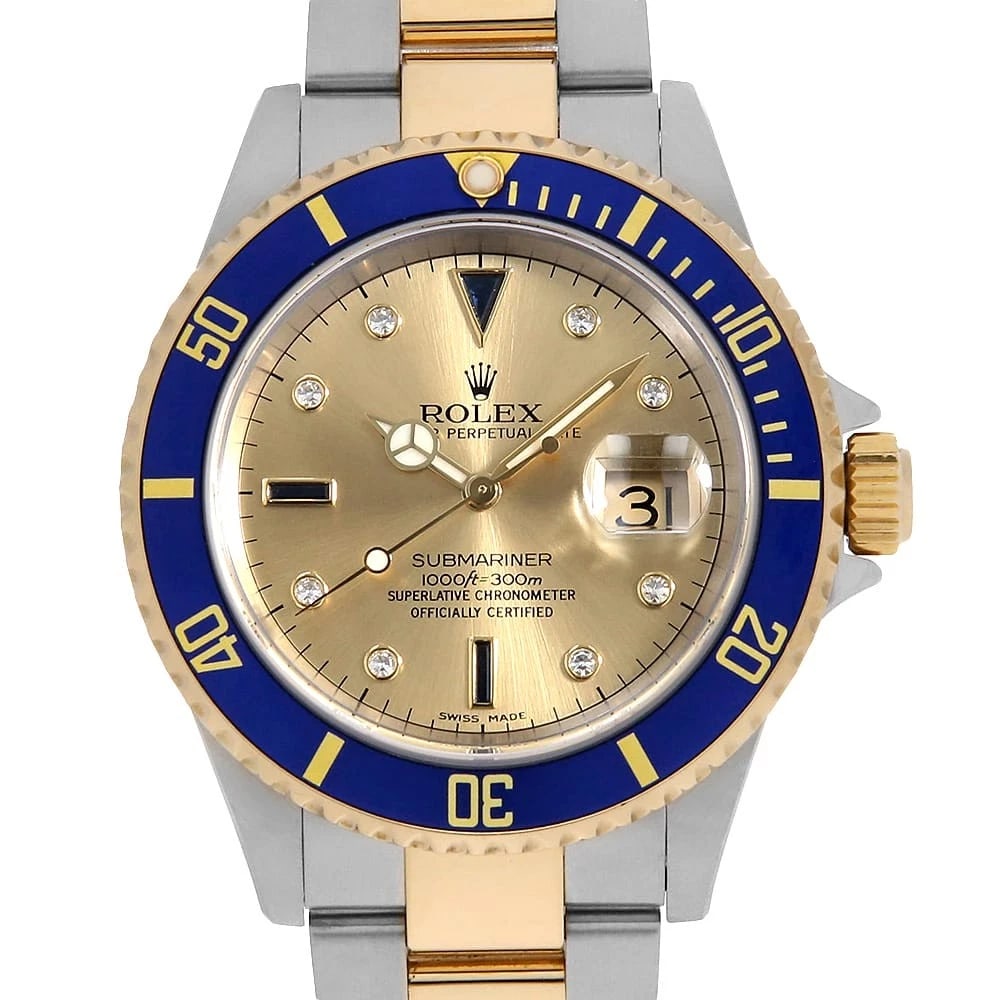 ROLEX SUBMARINER DATE DIAMOND SAPPHIRE CHAMPAGNE WATCH: ROLEX SUBMARINER Date Diamond Sapphire ChampagneWatch Brand: ROLEX Type: Wrist watch Material: Band Material Stainless Steel/Yellow Gold, Case Material Stainless Steel Color: Dial Color