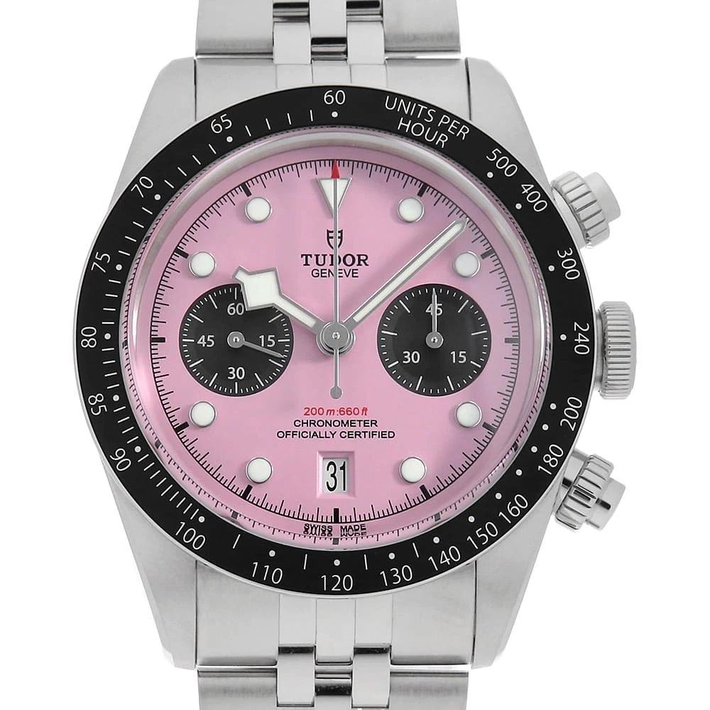 TUDOR BLACK BAY CHRONO WATCH: TUDOR Black Bay ChronoWatch Brand: TUDOR Type: Wrist watch Material: Band Material Stainless Steel, Case Material Stainless Steel Color: Dial Color Pink Size: Band Size 21cm (8.3inch), Case