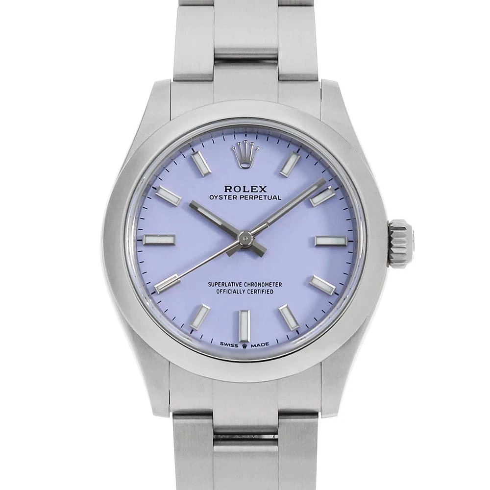 ROLEX OYSTER PERPETUAL LAVENDER NEW WATCH: ROLEX Oyster Perpetual lavender New Watch Brand: ROLEX Type: Wrist watch Material: Band Material Stainless Steel, Case Material Stainless Steel Color: Dial Color Lavender Size: Band Size 18cm