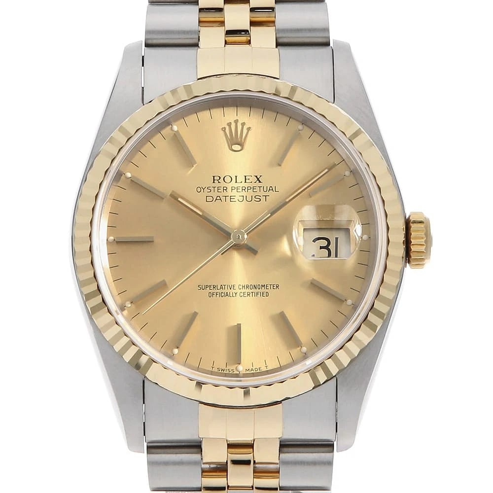 ROLEX DATEJUST CHAMPAGNE WATCH: ROLEX Datejust ChampagneWatch Brand: ROLEX Type: Wrist watch Material: Band Material Stainless Steel/Yellow Gold, Case Material Stainless Steel Color: Dial Color Champagne Gold Size: Band Size 19c