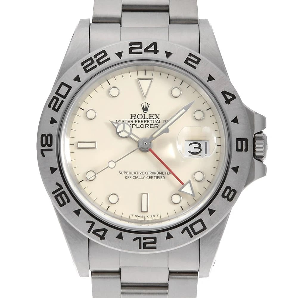 ROLEX EXPLORER II CREAM ALL TRITIUM SINGLE BUCKLE WATCH: ROLEX Explorer II cream All tritium single buckleWatch Brand: ROLEX Type: Wrist watch Material: Band Material Stainless Steel, Case Material Stainless Steel Color: Dial Color Ivory Size: Band
