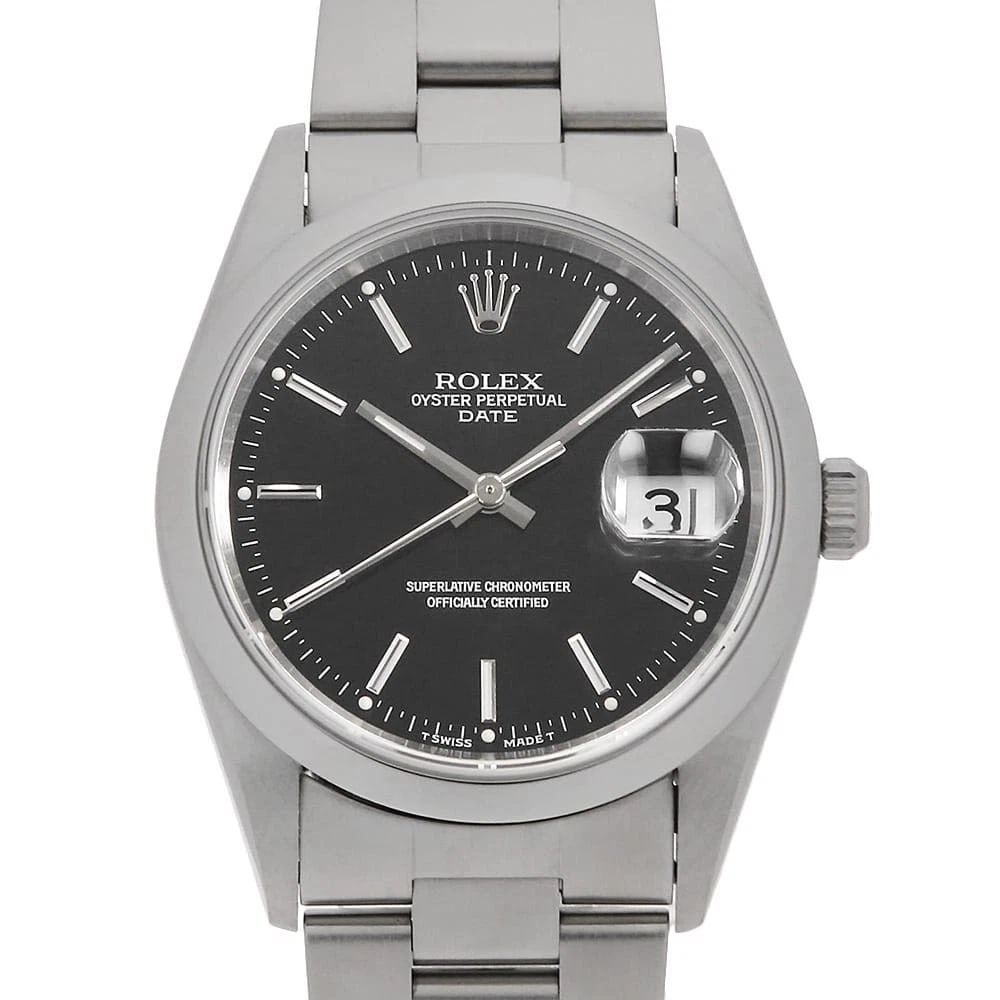 ROLEX OYSTER PERPETUAL DATE BLACK WATCH: ROLEX Oyster Perpetual Date black Watch Brand: ROLEX Type: Wrist watch Material: Band Material Stainless Steel, Case Material Stainless Steel Color: Dial Color Black Size: Band Size 18cm (7.1inch)