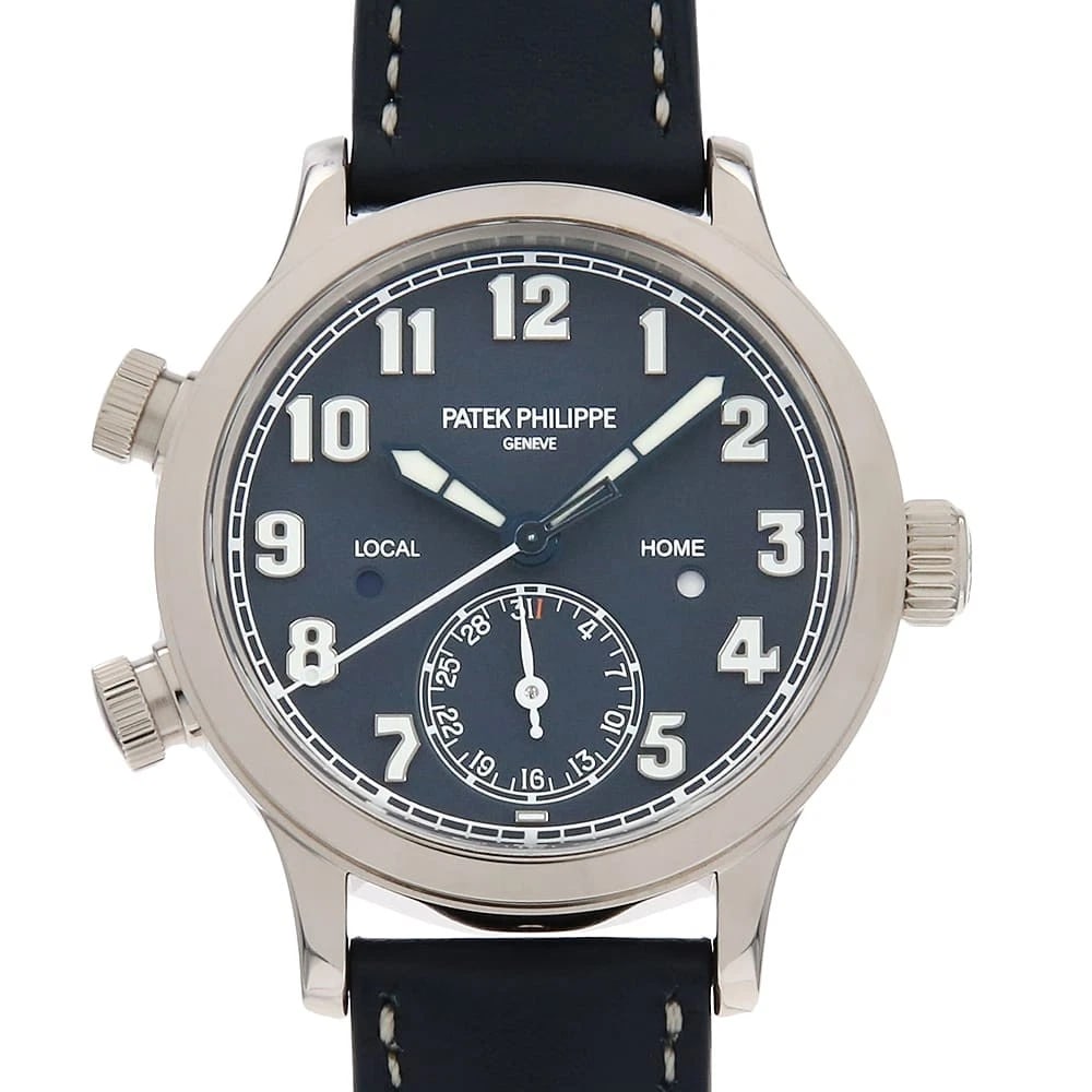 PATEK PHILIPPE CALATRAVA PILOT TRAVEL TIME WATCH: PATEK PHILIPPE Calatrava Pilot Travel TimeWatch Brand: PATEK PHILIPPE Type: Wrist watch Material: Band Material Calfskin, Case Material White Gold Color: Dial Color Blue Size: Band Size none, Case