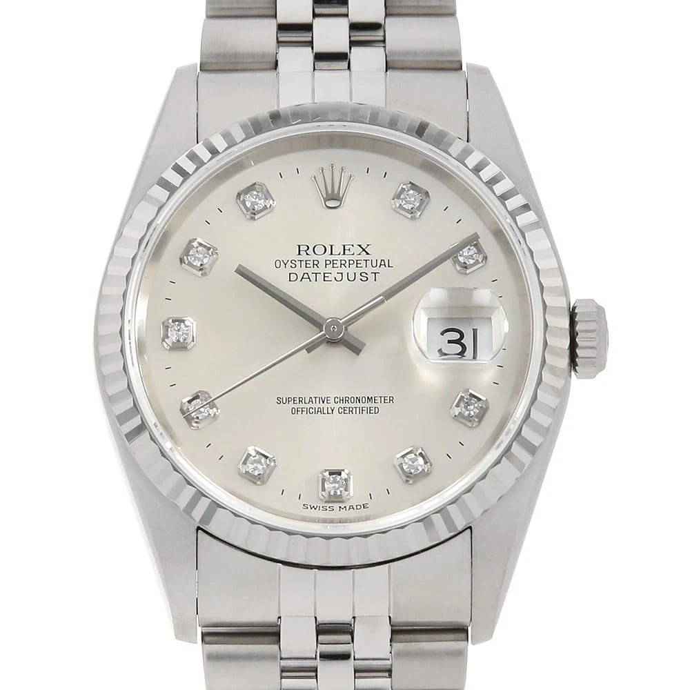 ROLEX DATEJUST DIAMOND SILVER WATCH: ROLEX Datejust Diamond Silver, Watch Brand: ROLEX Type: Wrist watch Material: Band Material Stainless Steel, Case Material Stainless Steel Color: Dial Color Silver Size: Band Size 18.5cm (7.3inch)