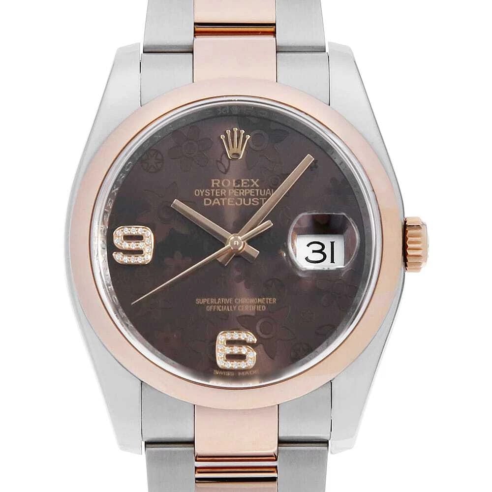 ROLEX DATEJUST ARABIC DIAMOND CHOCOLATE BROWN FLOWER MOTIF WATCH: ROLEX Datejust Arabic Diamond Chocolate brown Flower motifWatch Brand: ROLEX Type: Wrist watch Material: Band Material Stainless Steel/Pink Gold, Case Material Stainless Steel Color: Dial Color Cho