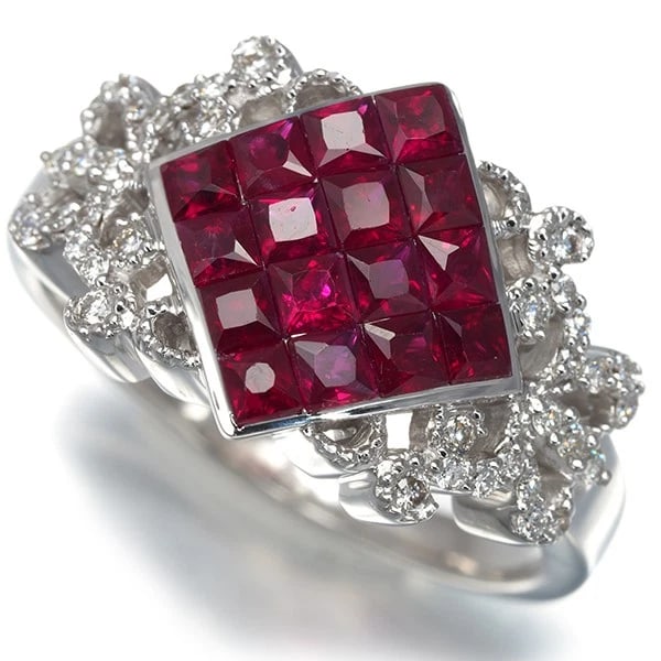RUBY DIAMOND RING: Ruby Diamond Ring Brand: Unbranded Type: Ring Material: 18K / 750 / White Gold Color: White Gold Size: US7.75 Accessories: None Accessories Notice: When purchasing pre-owned goods, please