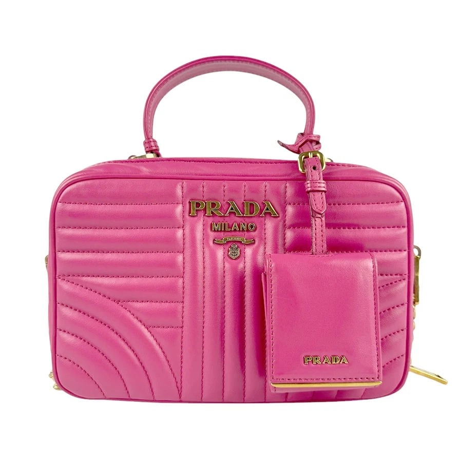 PRADA LOGO HANDBAG SHOULDER BAG PINK LEATHER/GOLDTONE: PRADA Logo Handbag Shoulder Bag Pink Leather/Goldtone Brand: PRADA Type: Handbag Material: Leather Color: Pink Size: Size [inch] W:6.7inx H:5.5inx D:2.8in Handle Length:9.4in Shoulder Length: