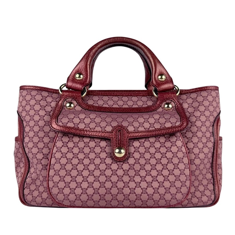 CELINE BOOGIE BAG HANDBAG PURPLE PINK CANVAS/LEATHER/GOLDTONE: CELINE Boogie Bag Handbag Purple Pink Canvas/Leather/Goldtone Brand: CELINE Type: Handbag Material: Canvas x Leather Color: Purple Pink Size: Size [inch] W:13.0inx H:7.9inx D:5.1in Handle