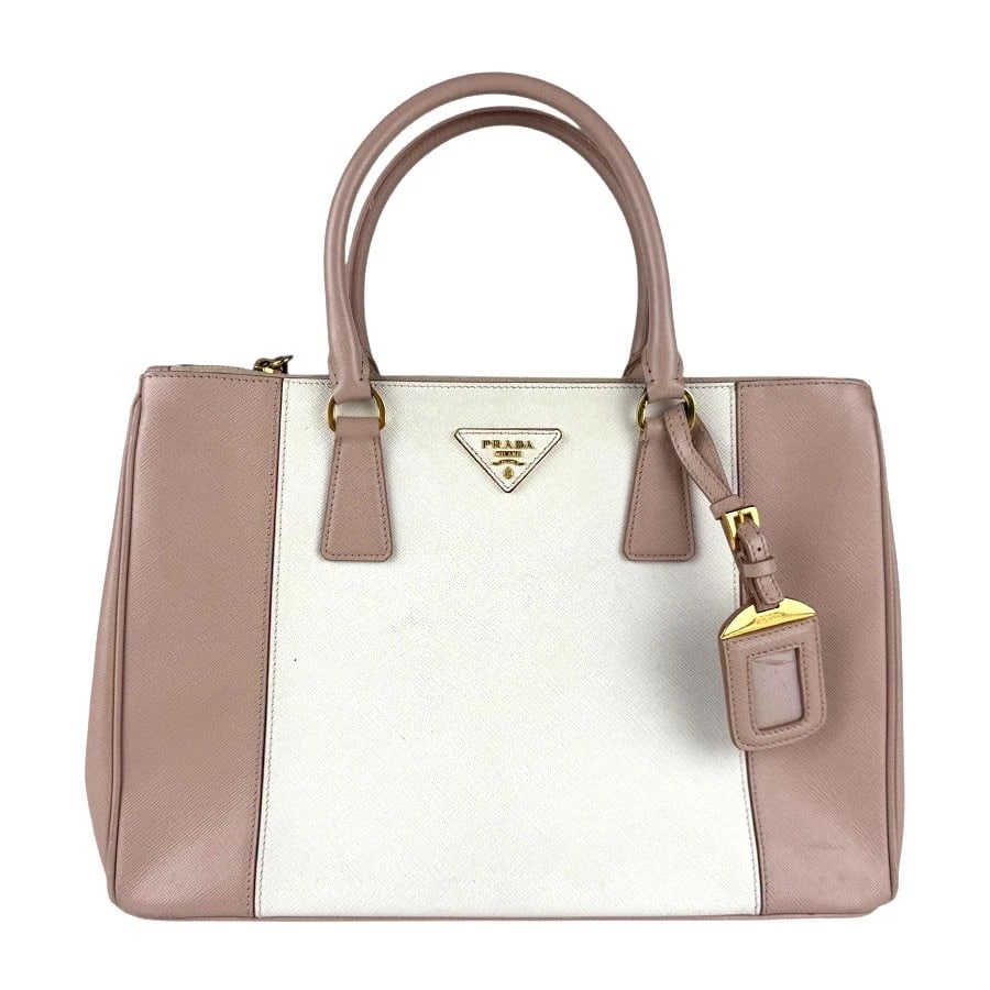 PRADA HANDBAG SHOULDER BAG PINK BEIGE/OFF WHITE LEATHER/GOLDTONE: PRADA Handbag Shoulder Bag Pink Beige/Off White Leather/Goldtone Brand: PRADA Type: Handbag Material: Leather Color: Pink Beige X Off White Size: Size [inch] W:13.4inx H:9.4inx D:5.9in Handle