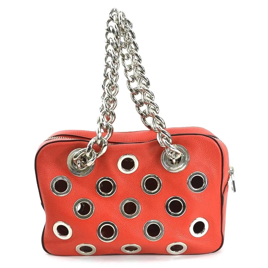 PRADA HANDBAG RED/SILVER LEATHER/METAL: PRADA Handbag Red/Silver Leather/Metal Brand: PRADA Type: Handbag Material: Leather x Metal Color: Red / Silver Size: Size [inch] (Max)W:11.8inx H:8.3inx D:3.5in Handle drop:7.7in [Pouch]