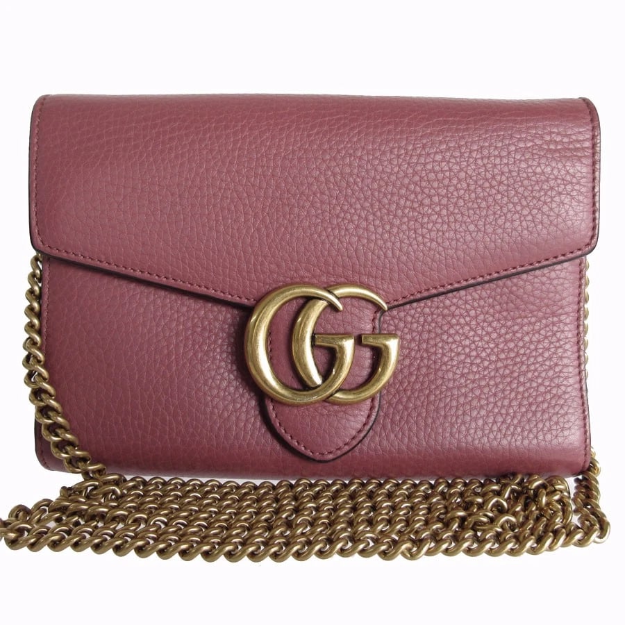 GUCCI GG MARMONTWALLET CHAIN CROSSBODY SHOULDER BAG: GUCCI GG MarmontWallet Chain Crossbody Shoulder Bag Brand: GUCCI Type: Wallet Chain Material: Leather x Metal Color: Light Bordeaux/Gold Size: Size [inch]W:7.7inx H:5.5inx D:1.0in Shoulder