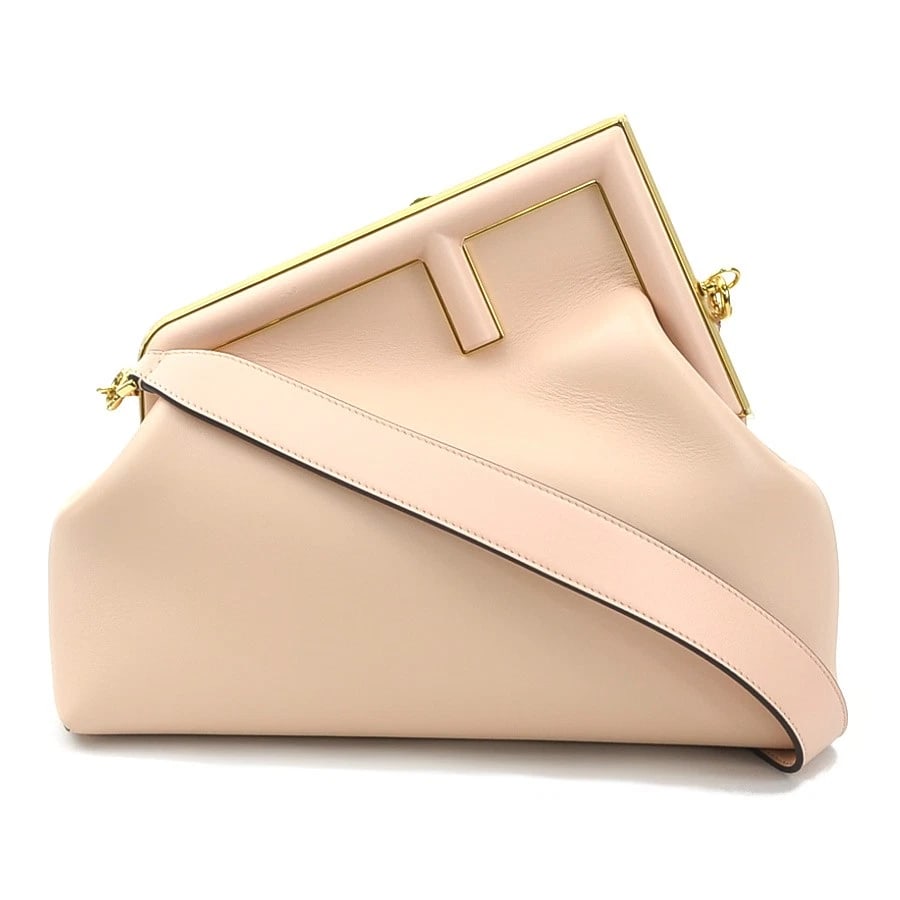 FENDI FIRST MEDIUM SHOULDER BAG PINK LEATHER/GOLDTONE: FENDI First Medium Shoulder Bag Pink Leather/Goldtone Brand: FENDI Type: Shoulder Bag Material: Leather Color: Pink Size: Size [inch] W:12.6inx H:10.0inx D:3.9in Shoulder Length: 29.1in Accessori