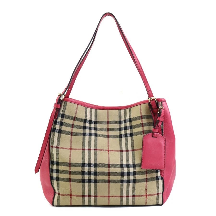 BURBERRY NOVA CHECK SHOULDER BAG: BURBERRY Nova Check Shoulder Bag Brand: BURBERRY Type: Shoulder Bag Material: Nylon Canvas x Leather Color: Pink X Beige Size: Size [inch] (Bottom)W:10.0inx H:9.8inx D:6.7in Shoulder Length: 18.7i