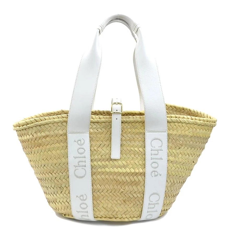 CHLOE HANDBAG BASKET BAG WHITE/NATURAL STRAW/LEATHER: Chloe Handbag Basket Bag White/Natural Straw/Leather Brand: Chloe Type: Handbag Material: Straw x Leather Color: White X Natural Size: Size [inch] (Bottom)W:9.8inx H:9.4inx D:7.1in Handle Length:2