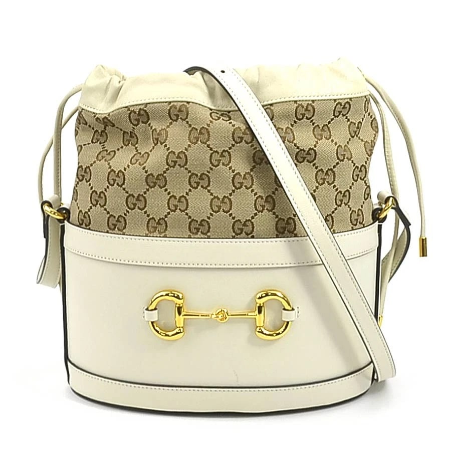 GUCCI HORSEBIT SHOULDER BAG OFF WHITE/BEIGE LEATHER: GUCCI Horsebit Shoulder Bag Off White/Beige Leather Brand: GUCCI Type: Shoulder Bag Material: Leather x GG Canvas Color: Off White Size: Size [inch] W:8.7inx H:4.9inx D:4.7in Shoulder Length: 49.6