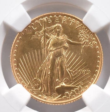 1993 $10 AMERICAN GOLD EAGLE: 1993 $10 American Gold Eagle Grade : Genuine Composition : Gold Denomination : $10 Year : 1993 Country of Origin : None Mint Location : None Brand/Mint : None Accessories: None <