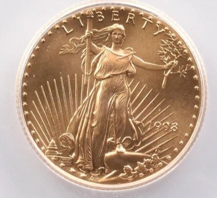 1998 $10 AMERICAN GOLD EAGLE: 1998 $10 American Gold Eagle Grade : MS70 Composition : Gold Denomination : 10 Year : 1998 Country of Origin : United States Mint Location : Philadelphia Brand/Mint : None Access