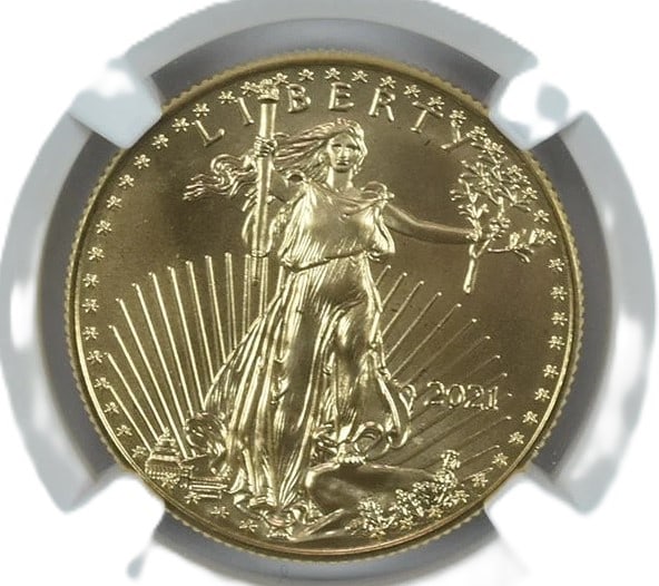 MINT ERROR 2021 $25 GOLD EAGLE: Mint Error 2021 $25 Gold Eagle Grade : MS69 Composition : Gold Denomination : $25 Year : 2021 Country of Origin : None Mint Location : None Brand/Mint : None Accessories: None