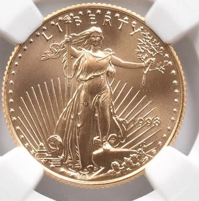 1998 $10 AMERICAN GOLD EAGLE: 1998 $10 American Gold Eagle Grade : MS69 Composition : Gold Denomination : $10 Year : 1998 Country of Origin : None Mint Location : None Brand/Mint : None Accessories: None Accessories