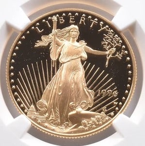 1996-W $25 AMERICAN GOLD EAGLE MERCANTI: 1996-W $25 American Gold Eagle Mercanti Grade : PF70 Composition : Gold Denomination : $25 Year : 1996 Country of Origin : None Mint Location : West Point Brand/Mint : None Acces