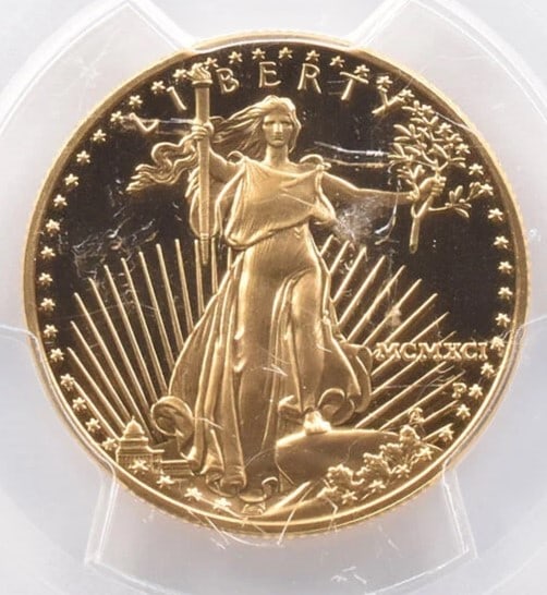 1991-P $25 AMERICAN GOLD EAGLE: 1991-P $25 American Gold Eagle Grade : PR70 Composition : Gold Denomination : $25 Year : 1991 Country of Origin : None Mint Location : Philadelphia Brand/Mint : None Accessories: