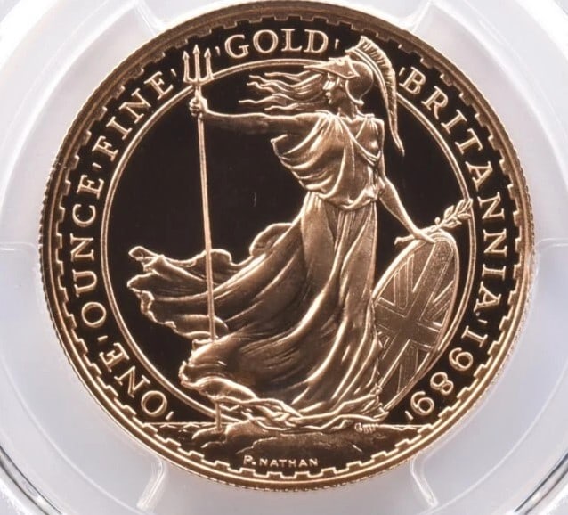 1989 GREAT BRITAIN 100 POUNDS GOLD BRITANNIA: 1989 Great Britain 100 Pounds Gold Britannia Grade : PR70 Composition : Gold Denomination : Not Specified Year : 1989 Country of Origin : None Mint Location : None Brand/Mint : None <