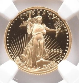 2005-W $5 AMERICAN GOLD EAGLE MERCANTI: 2005-W $5 American Gold Eagle Mercanti Grade : PF70 Composition : Gold Denomination : $5 Year : 2005 Country of Origin : None Mint Location : West Point Brand/Mint : None Accesso