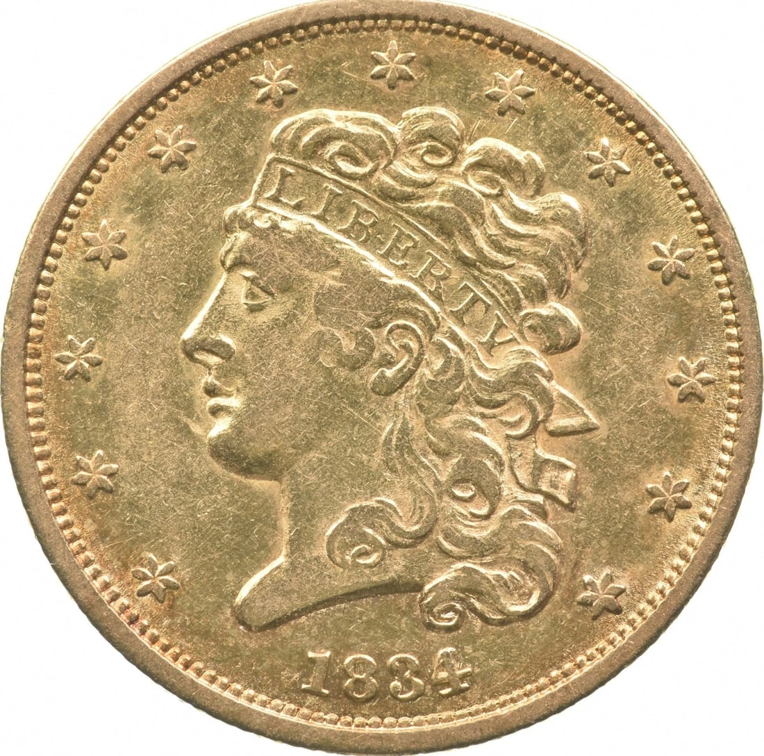 1834 $5 LIBERTY HEAD GOLD HALF EAGLE: 1834 $5 Liberty Head Gold Half Eagle Grade : None Composition : Gold Denomination : $5 Year : 1834 Country of Origin : None Mint Location : None Brand/Mint : None Accessories: None