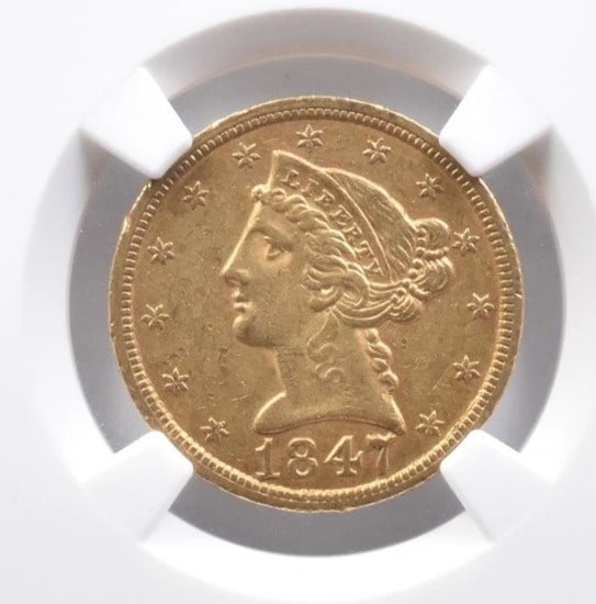 1847/47 $5 LIBERTY HEAD GOLD HALF EAGLE: 1847/47 $5 Liberty Head Gold Half Eagle Grade : AU55 Composition : Gold Denomination : $5 Year : 1847 Country of Origin : None Mint Location : None Brand/Mint : None Accessories: None