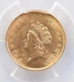 1854 $1 INDIAN PRINCESS HEAD GOLD DOLLAR: 1854 $1 Indian Princess Head Gold Dollar Grade : MS64 Composition : Gold Denomination : $1 Year : 1854 Country of Origin : none Mint Location : none Brand/Mint : none Accessories: None