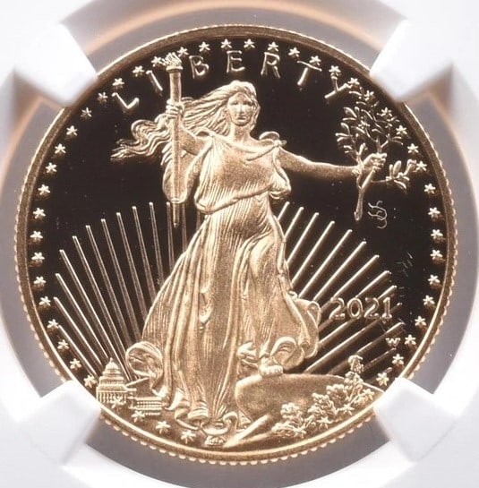2021-W $25 AMERICAN GOLD EAGLE: 2021-W $25 American Gold Eagle Grade : PF70 Composition : Gold Denomination : $25 Year : 2021 Country of Origin : none Mint Location : West Point Brand/Mint : none Accessories: N