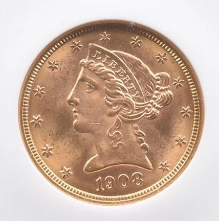 1908 $5 LIBERTY HEAD GOLD HALF EAGLE (1 of 2)