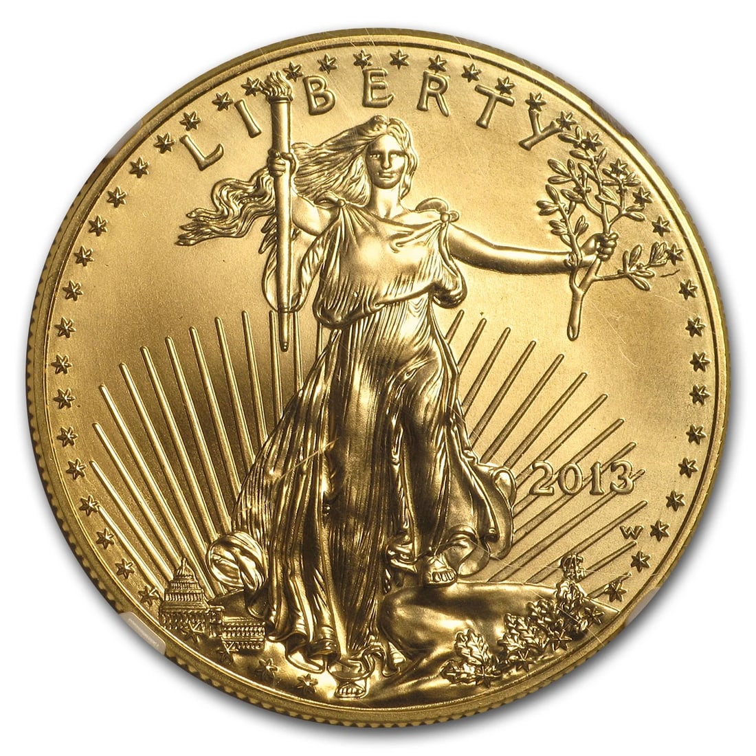 2013-W 1 OZ BURNISHED GOLD EAGLE: 2013-W 1 oz Burnished Gold Eagle Brand : US Mint Year : 2013 Denomination : $50 Fineness : 0.9167 Country of Origin/Country/Region of Manufacture : United States Coin : None Brand/Mint :