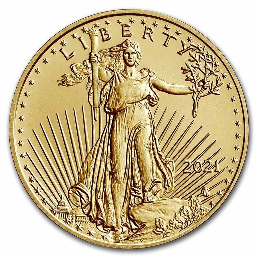 2021 1/10 OZ GOLD EAGLE (TYPE 2): 2021 1/10 oz Gold Eagle (Type 2) Brand : US Mint Year : 2021 Denomination : $5 Fineness : 0.9167 Country of Origin/Country/Region of Manufacture : United States Coin : None Brand/Mint : None