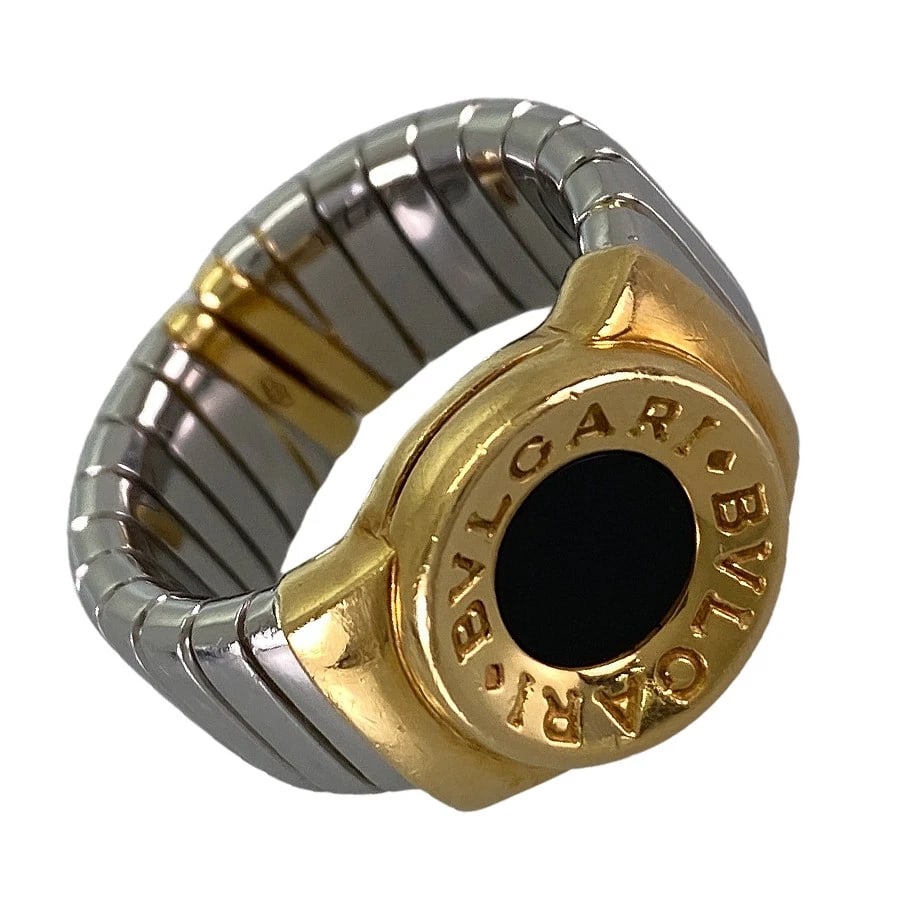 BVLGARI TUBOGAS YELLOW GOLD ONYX RING: BVLGARI Tubogas Yellow gold onyx Ring Brand: BVLGARI Type: Ring Material: 18K Yellow Gold Stainless Steel onyx Color: Gold Size: US:6.5 Accessories: None Accessories Notice: When purchasing