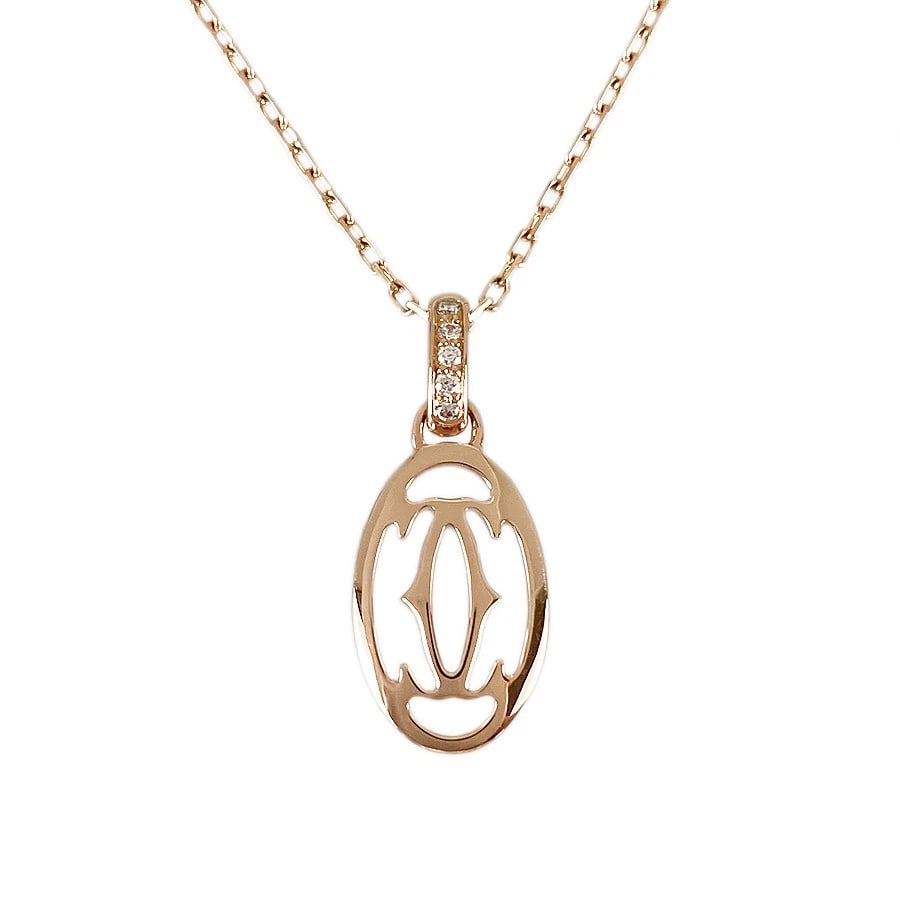 CARTIER LOGO DOUBLE C ROSE GOLD DIAMOND NECKLACE: Cartier Logo double C Rose gold diamond Necklace Brand: Cartier Type: Necklace Material: 18K Rose Gold diamond Color: Gold Size: 8.9mm×16.9mm Necklace full length:41.5cm Accessories: None