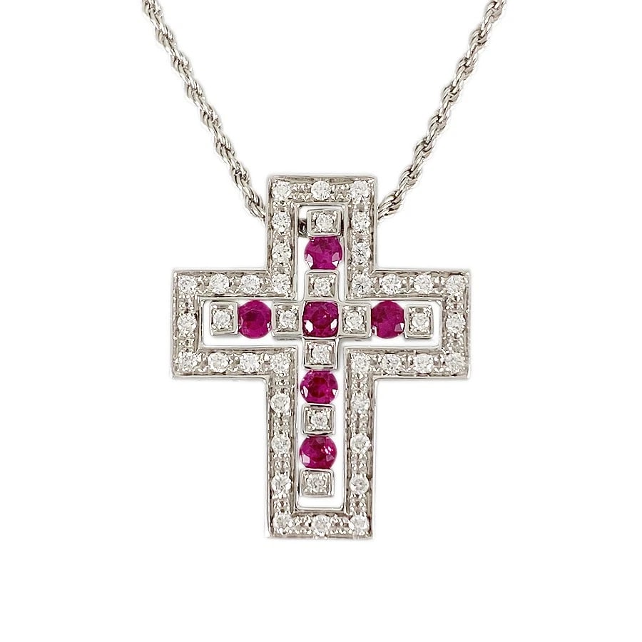 DAMIANI BELLE EPOQUE S WHITE GOLD DIAMOND RUBY NECKLACE: Damiani Belle Epoque S White gold Diamond Ruby Necklace Brand: Damiani Type: Necklace Material: 18K White Gold Main Stone Natural Color: Silver Size: 22.4mm×18.4mm Necklace full length:50cm 